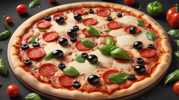 una pizza con aceitunas y aceitunas está sentada en una mesa