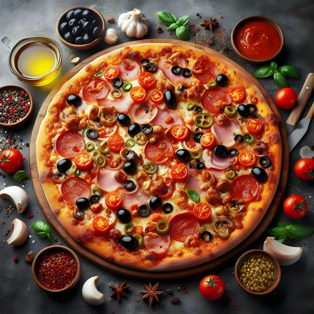 una pizza con aceitunas negras tomates y aceitunas oscuras