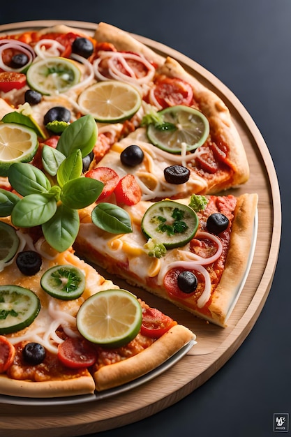 Una pizza con aceitunas, tomates y aceitunas sobre una tabla de madera.