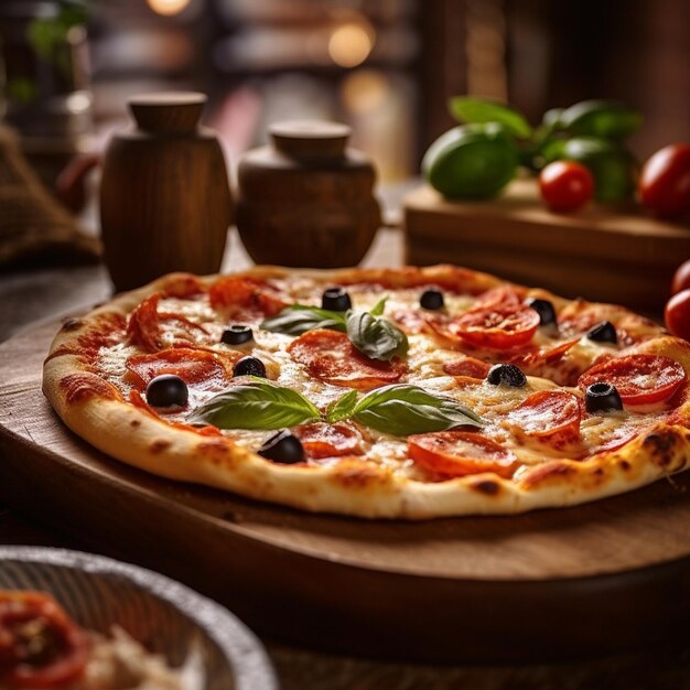 Una pizza con aceitunas y tomates en una bandeja de madera.