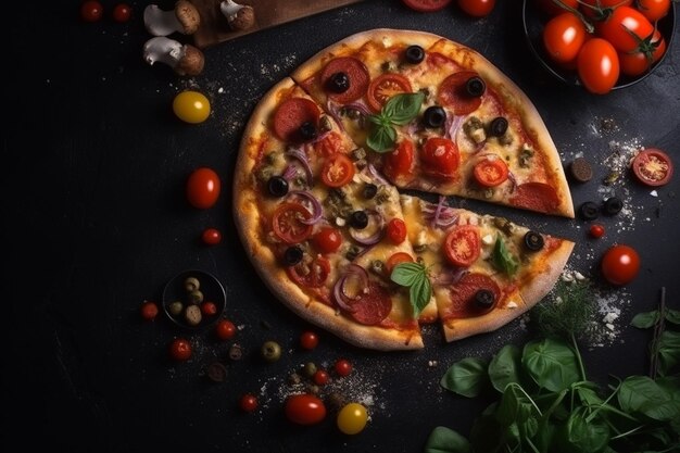 Una pizza con aceitunas, tomates y champiñones sobre un fondo negro.