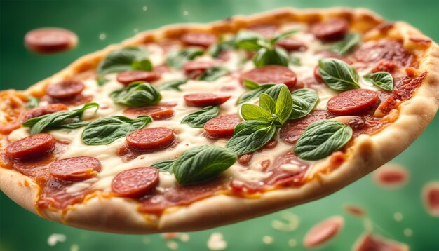 Pizza con albahaca salami y queso vuela sobre un fondo verde con migas