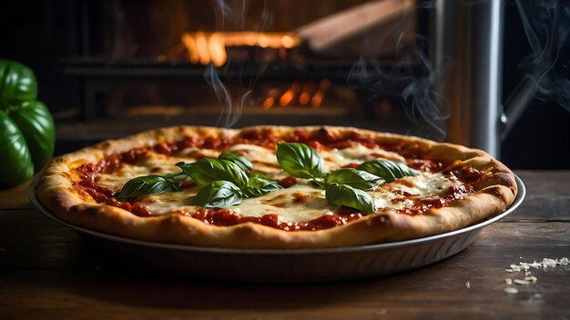 Foto una pizza con albahaca en él se sienta frente a una chimenea