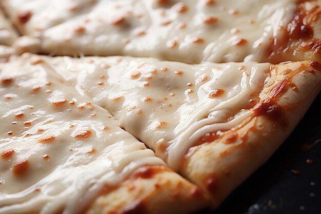 La pizza de Alfredo tiene una textura quesada. Queso caliente cremoso blanco de cerca.