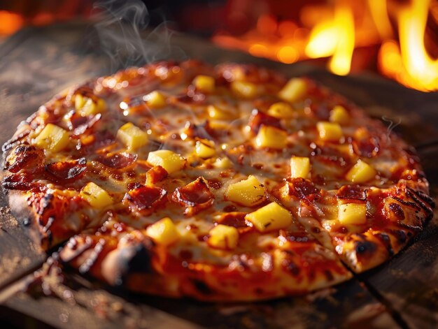 Una pizza con ananas y jamón se sienta en una tabla de madera