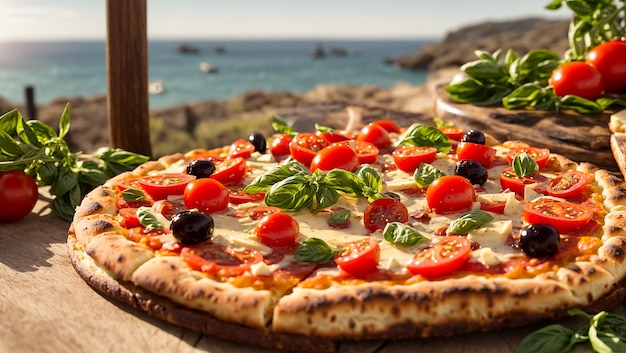 Pizza apetitosa com tomates, azeitonas e manjericão na praia.