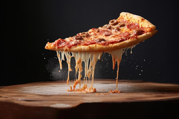 Foto pizza apetitosa y piezas de pizza levitación queso procesado elástico ia generativa