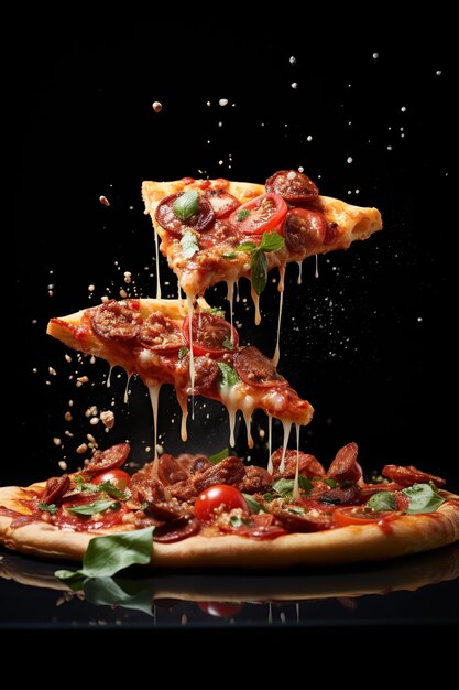 Foto pizza apetitosa y piezas de pizza levitación queso procesado elástico ia generativa