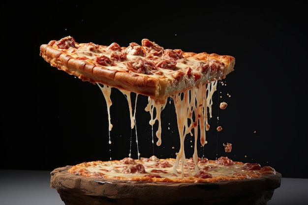 Foto pizza apetitosa y piezas de pizza levitación queso procesado elástico ia generativa