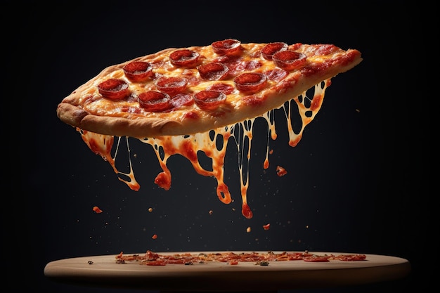 Foto pizza apetitosa y piezas de pizza levitación queso procesado elástico ia generativa