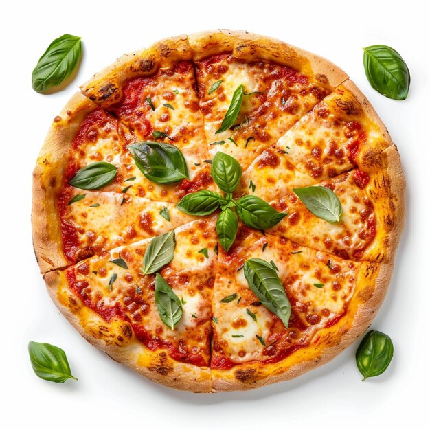 pizza araffy com queijo e folhas de manjericão em uma superfície branca