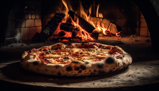 Pizza assada em forno de tijolos mussarela fresca ambiente rústico gerado por IA