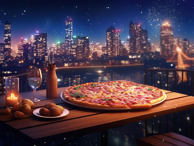 Pizza auf dem Tisch, Feuerwerk zum Silvester- und Partyangebot der Stadt, von der KI generiert