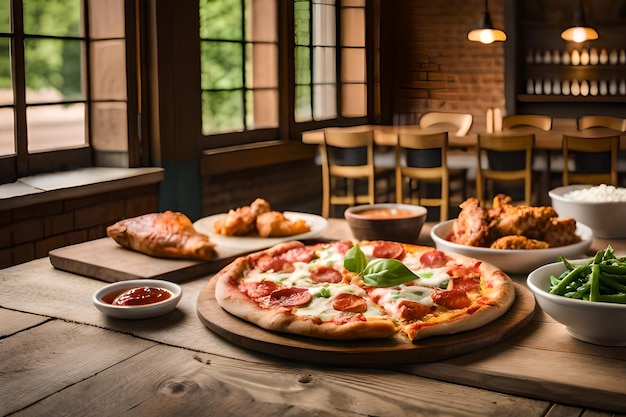 Pizza auf einem Tisch mit einem Tisch vor einem Fenster