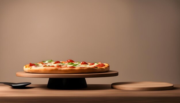 una pizza en una bandeja con un fondo claro