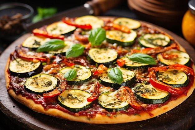 Pizza de barbacoa con rebanadas de tocino de pollo a la parrilla y cebollas rojas salpicadas con salsa de barbacoa