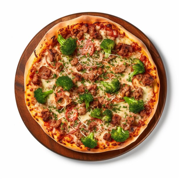 Foto pizza con brócoli y salchichas