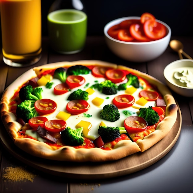 Una pizza con brócoli y tomates encima