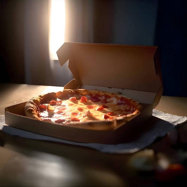 Pizza en una caja de cartón sobre la mesa