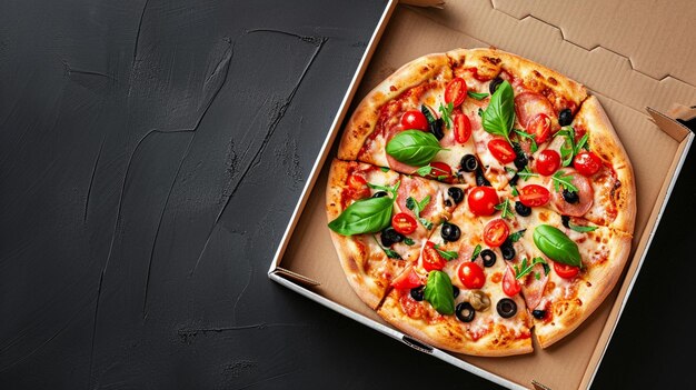 pizza en caja sobre el fondo negro generativo Ai