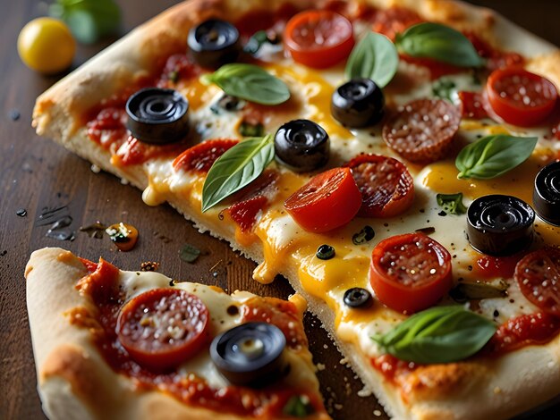 Pizza caliente con corteza de queso, mariscos, salsa para cubrir las verduras, deliciosa comida rápida.