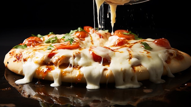 Foto pizza caliente y rebanada con queso derretido