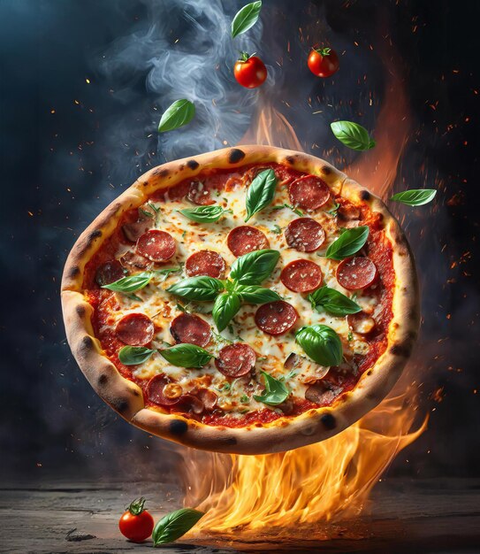 Pizza caliente volando en llamas de fuego en fondo oscuro