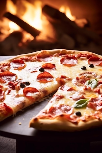 Pizza capricciosa caseira com fogo no forno entrega on-line de pizzeria para levar e comida rápida italiana generativa ai