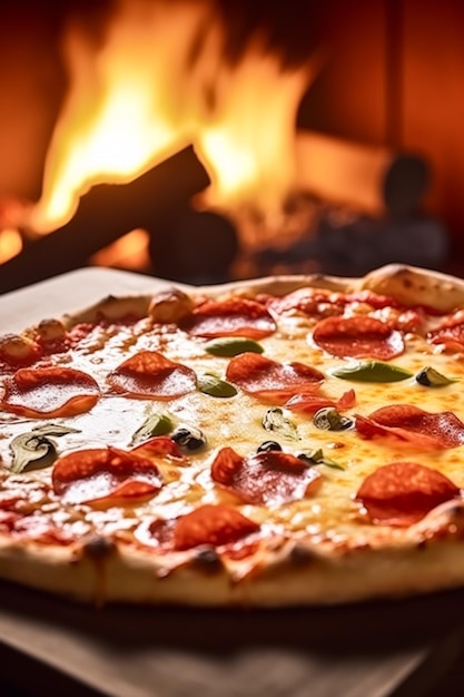 Pizza capricciosa casera con fuego en el horno entrega online desde pizzería para llevar y comida rápida italiana posprocesada ai generativa