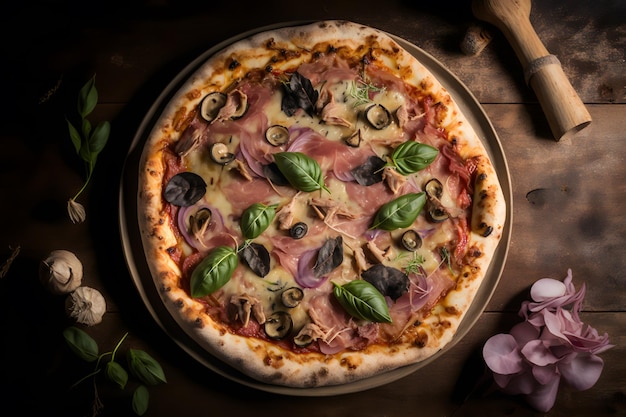 Pizza capricciosa de jamón y champiñones. Fotografía de comida de pizza italiana tradicional