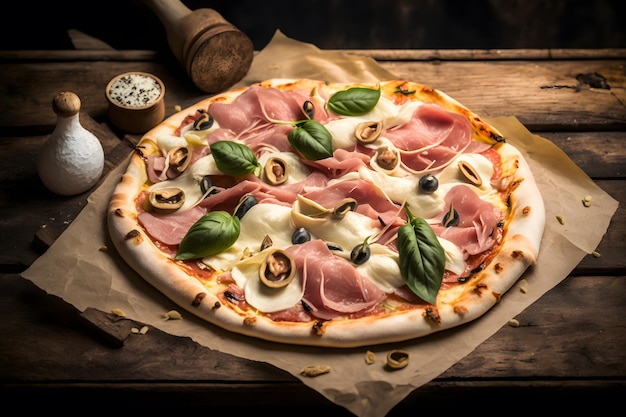 Pizza capricciosa de jamón y champiñones. Fotografía de comida de pizza italiana tradicional