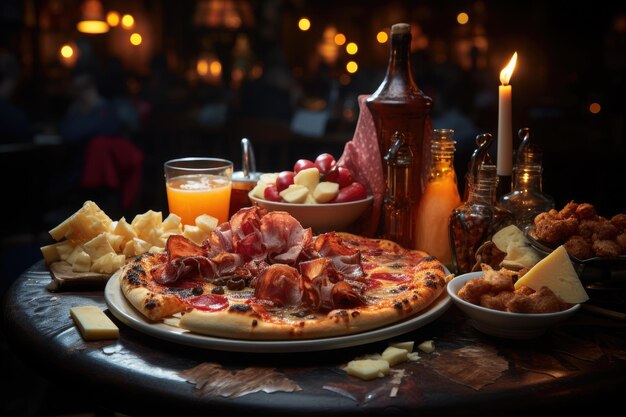 Una pizza de carne en un bar de bocadillos emocionado con juegos de billar generativos IA