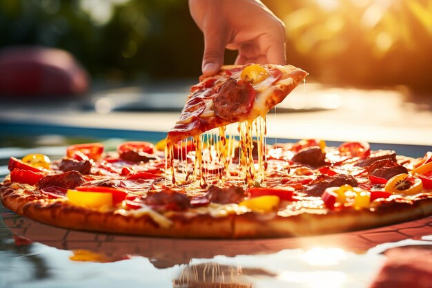 Una pizza de carne que se sirve en una fiesta de barrio