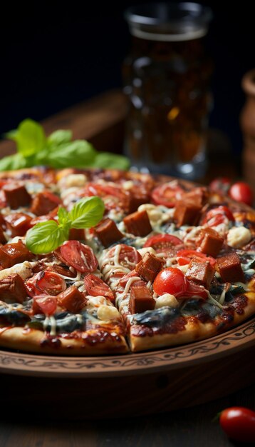 Foto una pizza con carne, queso y albahaca.