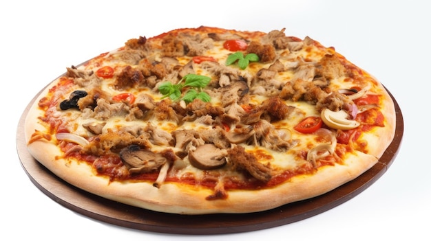 Una pizza con carne y queso