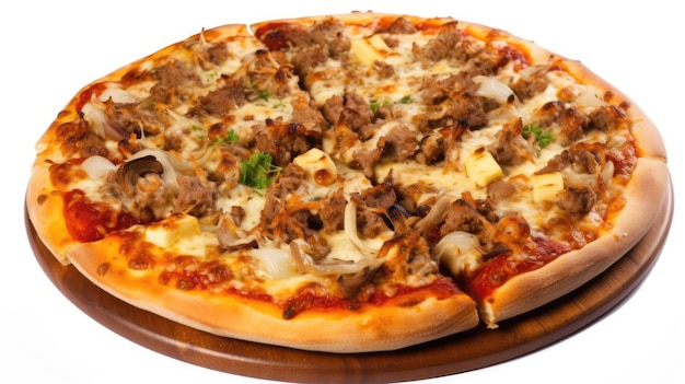 Una pizza con carne y queso