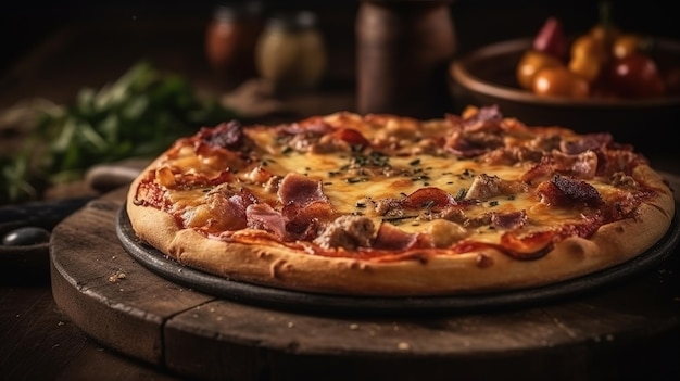 Una pizza con carne y queso
