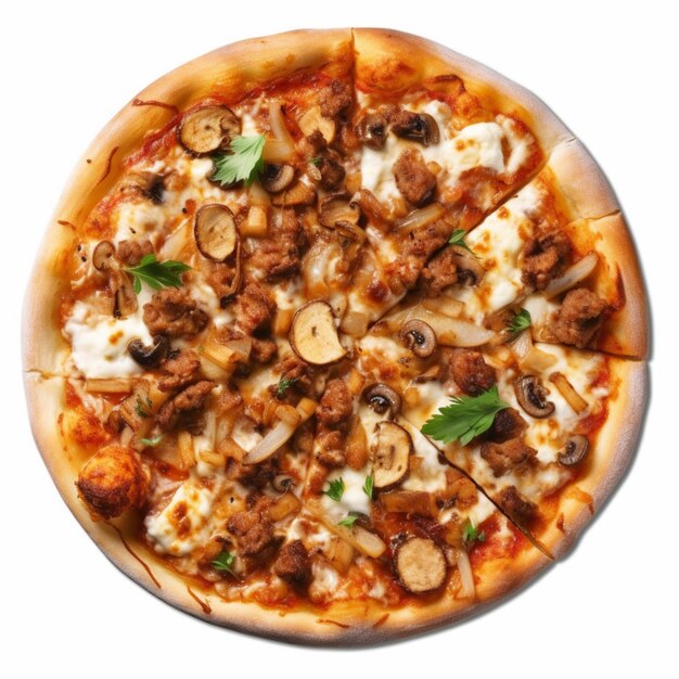 Una pizza con carne y queso