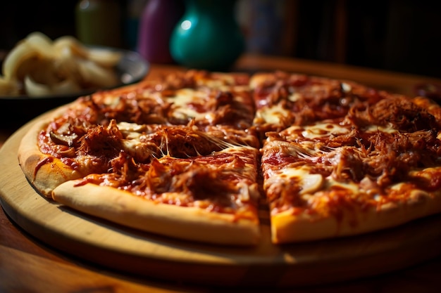 Una pizza con carne y queso