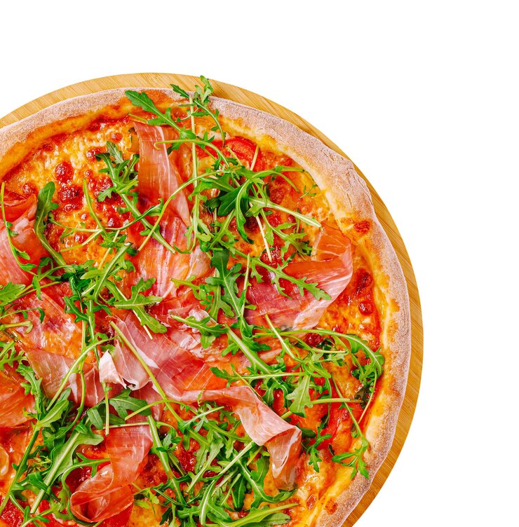 Foto pizza caseira coberta com rúcula fresca e prosciutto