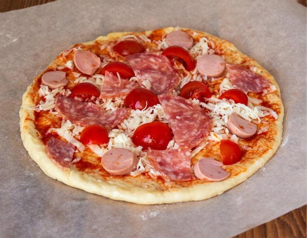 Pizza casera preparada para hornear con salchichas y tomates en un papel de hornear de cerca