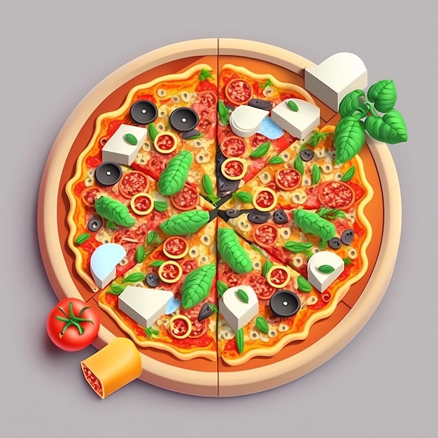 Pizza casera con salchichas y pimientos dulces coloridos isométrica 3d