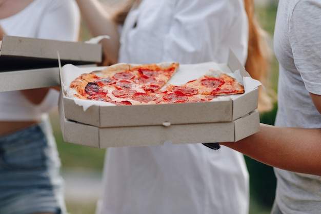 Pizza en el césped en cajas