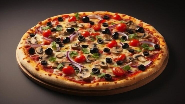 Una pizza con champiñones aceitunas y champiñones en un plategenerative ai