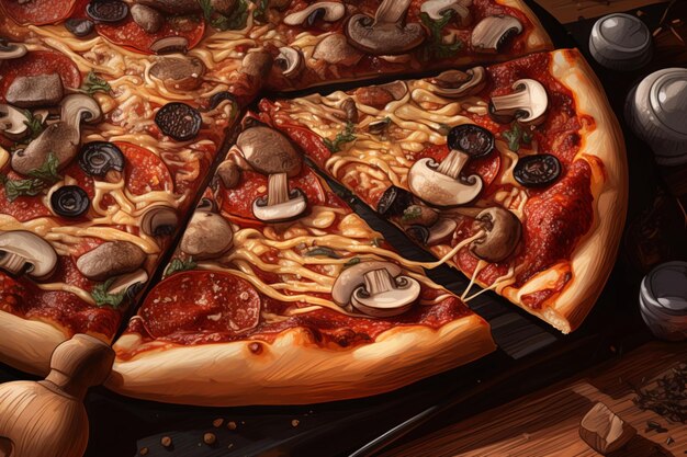 Pizza con champiñones en una ilustración de tablero marrón 1