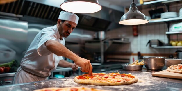 Pizza-Chef bereitet eine Pizza in Nahaufnahme vor Generative KI