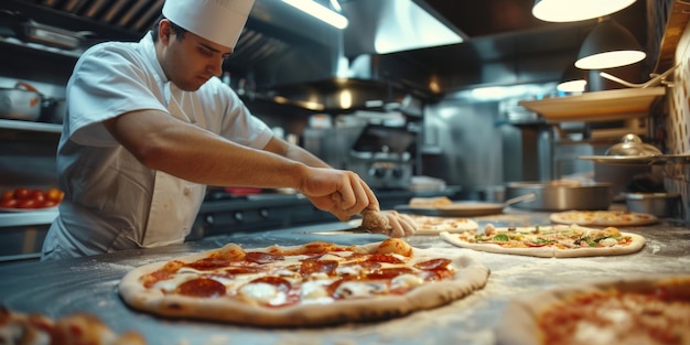 Pizza-Chef bereitet eine Pizza in Nahaufnahme vor Generative KI