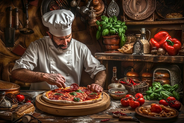 Pizza-Chef formt den Teig auf einem Holzbrett