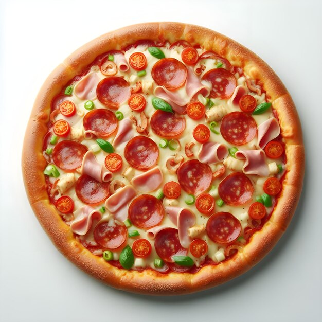 Pizza cheia de tomates, salame e azeitonas.