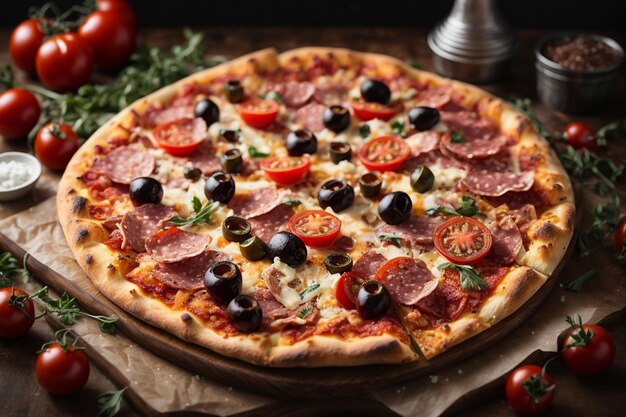 pizza cheia de tomates, salame e azeitonas.